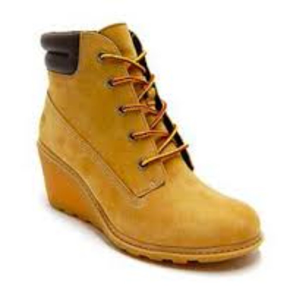 Timberland Women's Tan Black Amston Leather Wedge‎ Classic Ankle Bootie Size 7.5